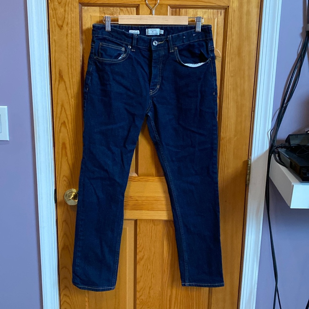 Mens Hidden button fly jeans. Dark blue wash. Worn once